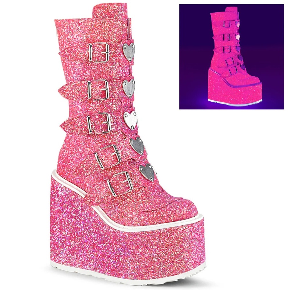 Demonia Trinity Swing 230G Pink mid calf glitter platform boot UV size 8